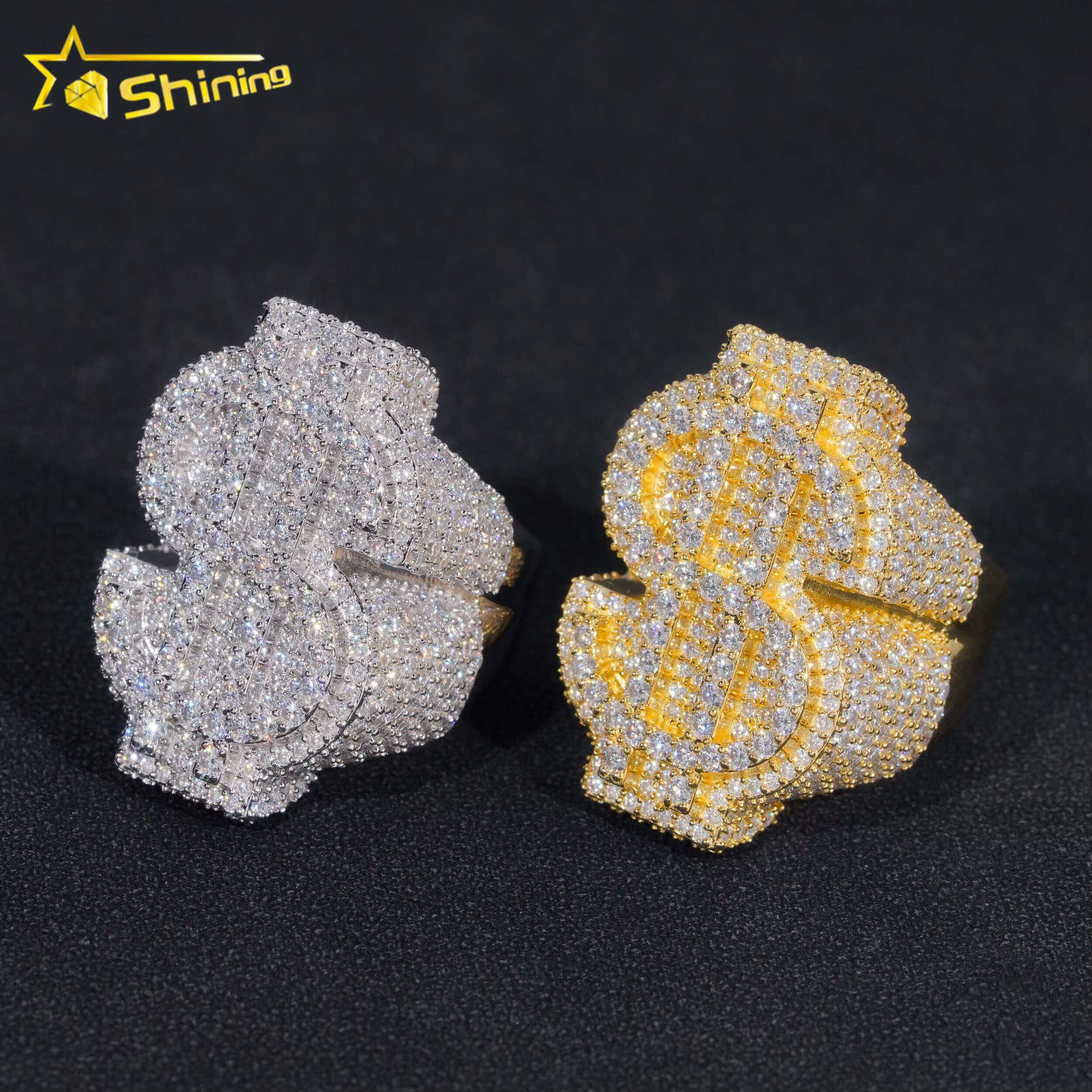 Hot Sale Money Sign Moissanite Diamond Silver Iced Out Design Hip Hop Ring Ready to Ship
