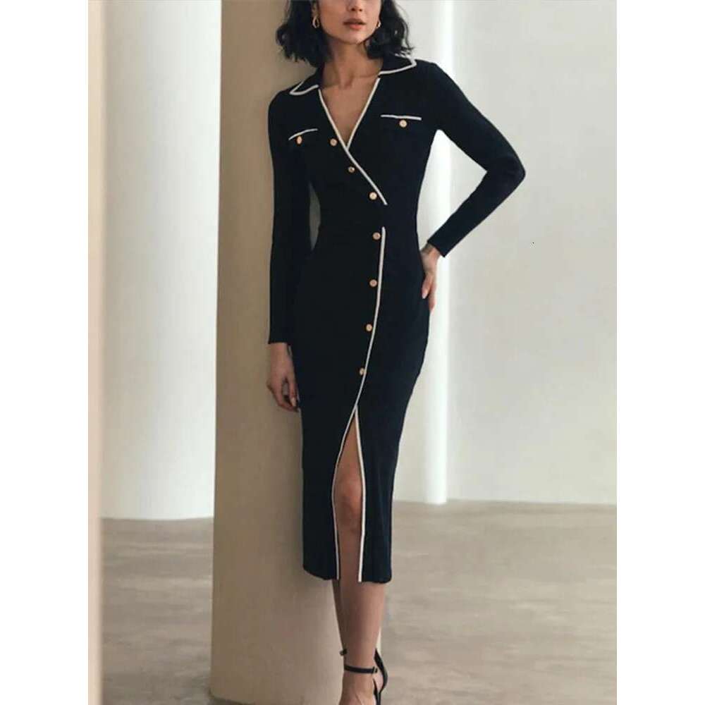 Women's Coat Knitted Women Maxi Dresses Turn-Down Collar Fake Buttons Long Sleeve Slim Dress Front Split Autumn New Fashion Lady Robes