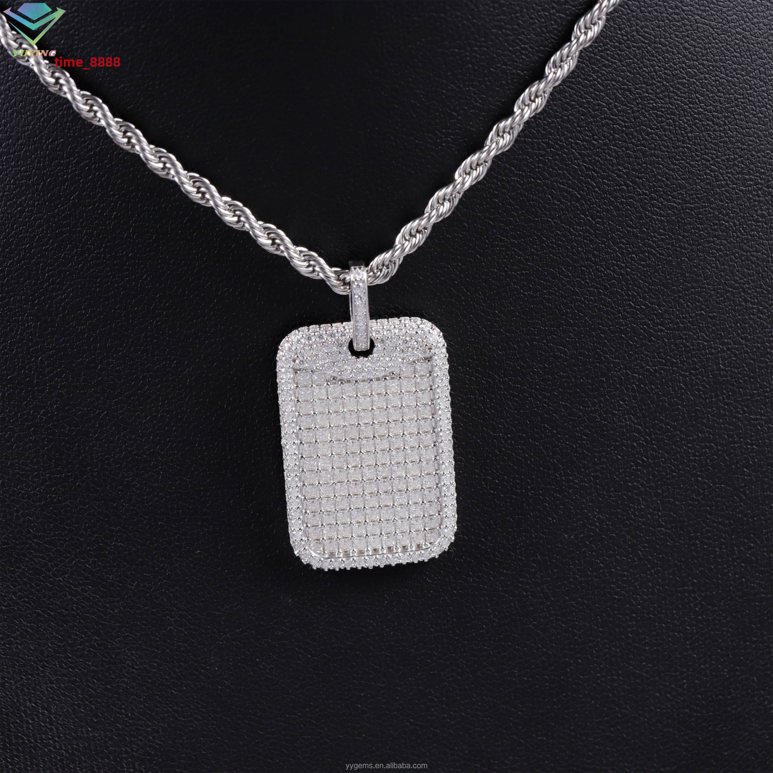 Hot Sale Tag Pendant Rope Chain White Gold Plated 925 Silver Iced Out VVS Moissanite Diamonds Hip Hop Pendant Dog Tag Necklace