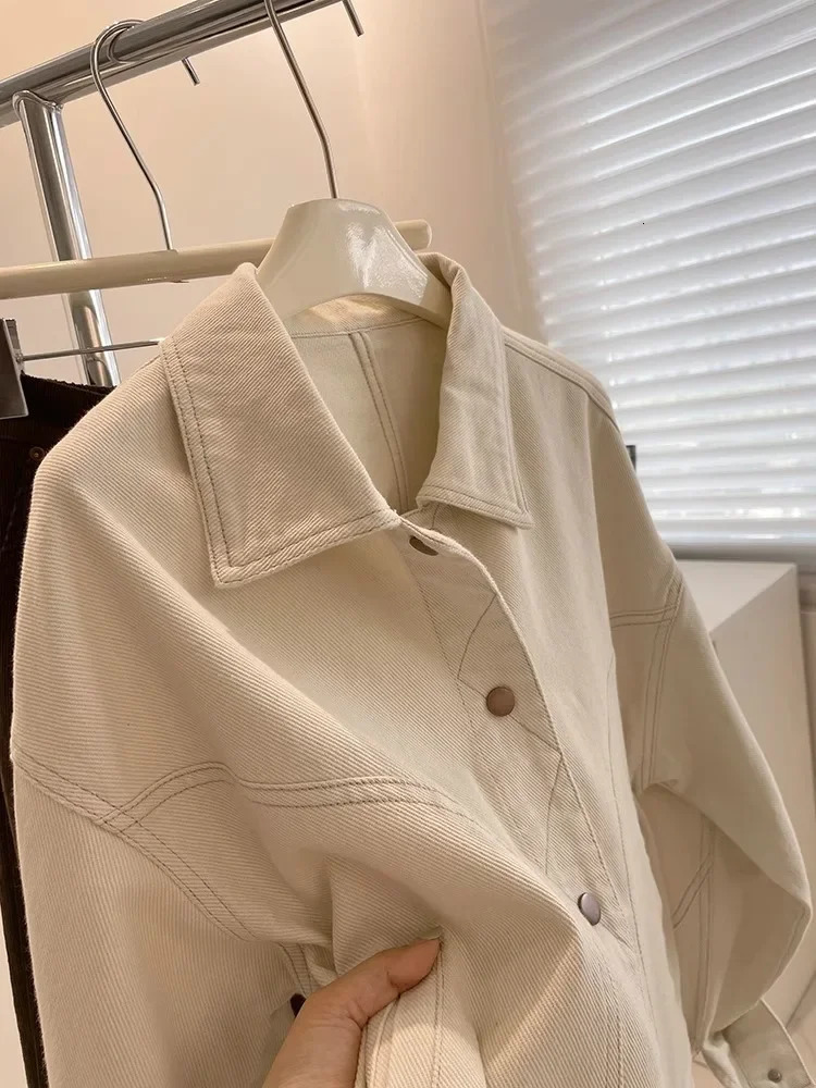 Korean style beige denim jacket loose and casual womens short spring autumn patchwork n Versatile weight loss top 250326