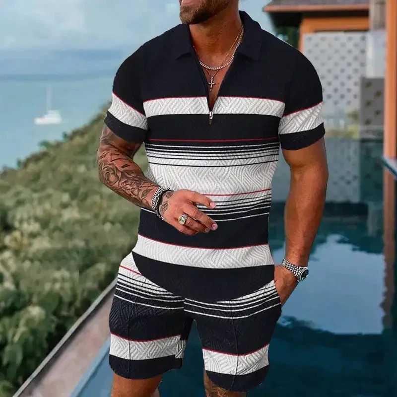 Mens Zipper Polo Set 2-piece Flip Collar Retro Casual Stripe 3D Printed Shorts Hawaii Summer Holiday Style ClothingXJ250326