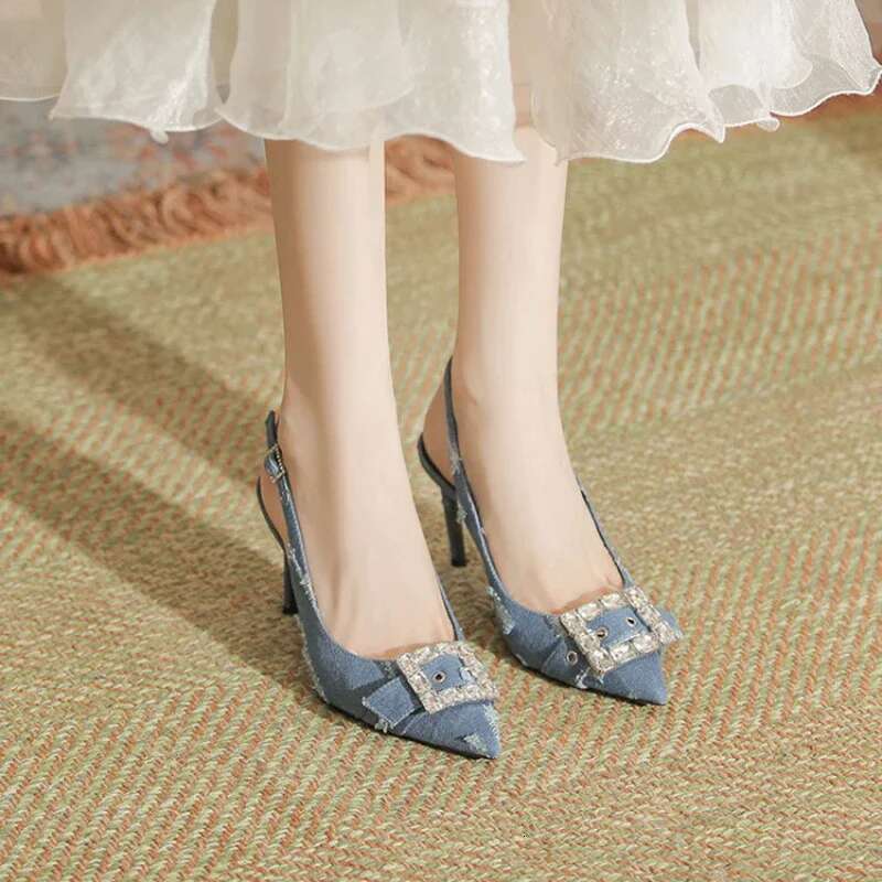 Women Sexy Blue Denim Rhie High Summer Korean Fashion Sandals Pointed Toe Thin Heels Pumps Party Dress Casual Shoes