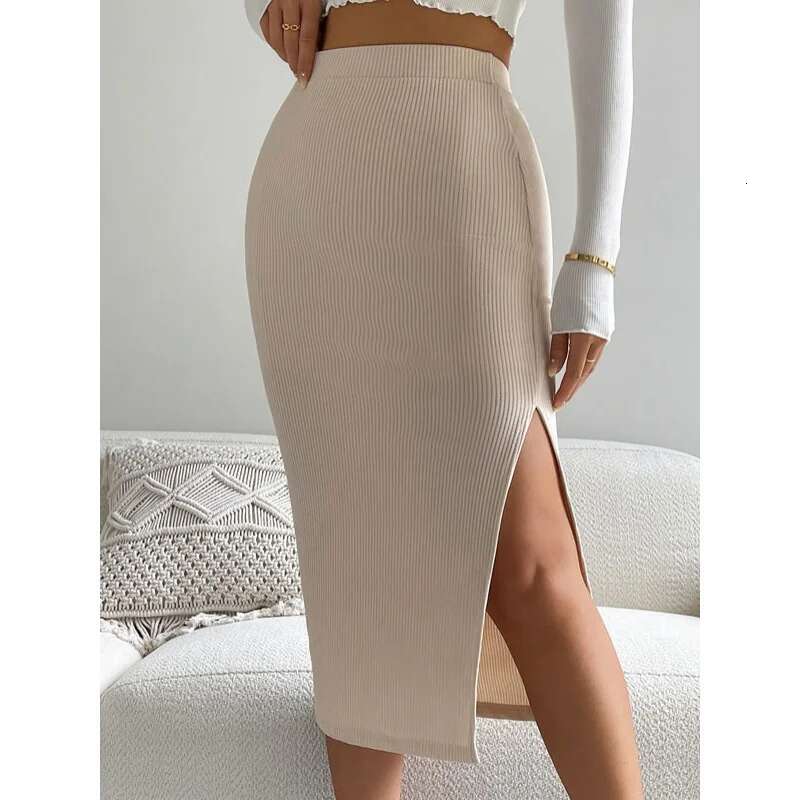 Dongdumaoyi Lente Zomer Dames Slim Fit Effen Kleur Gebreide Split Casual Mode Midi Rok Met Elegante Stijl B