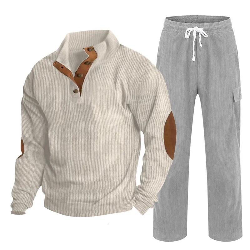 Mens autumn and winter sportswear Corduroy Henley shirt straight pants casual set 250326