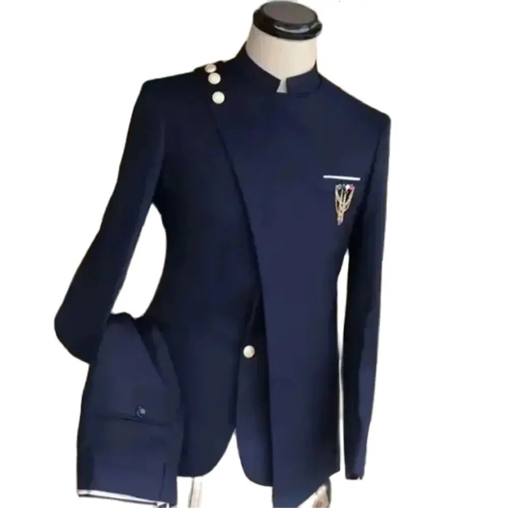 Navy Blue Mens Single Chest Standing Collar Jacket African Style Formal Occasion Party 2piece Set Pants Clothing 250326