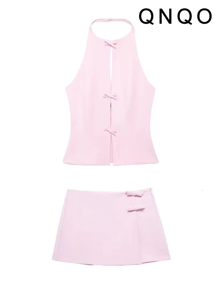 QNQO Pink Skiing Set Womens Summer Sleeve Bow Sexy Tank Top Solid Mini ALine Two Piece 250326