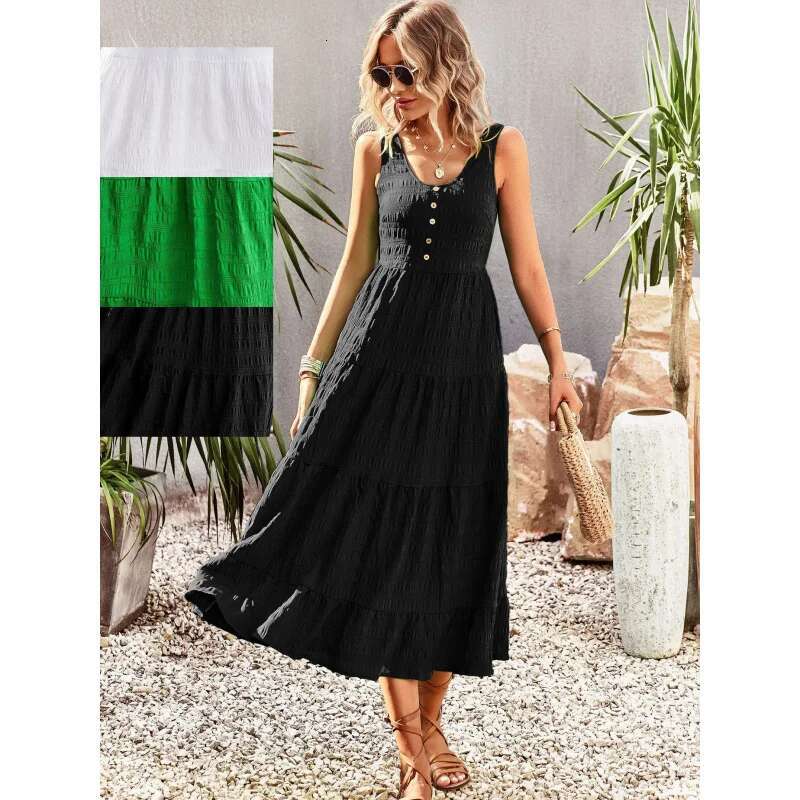 Dongdumaoyi Mouwloze Maxi Jurk Met U Hals Voor Dames Effen Wit Ruches Aan De Zoom Knoopdetail Polyester Lente Zomer Vrijetijdskleding Wd