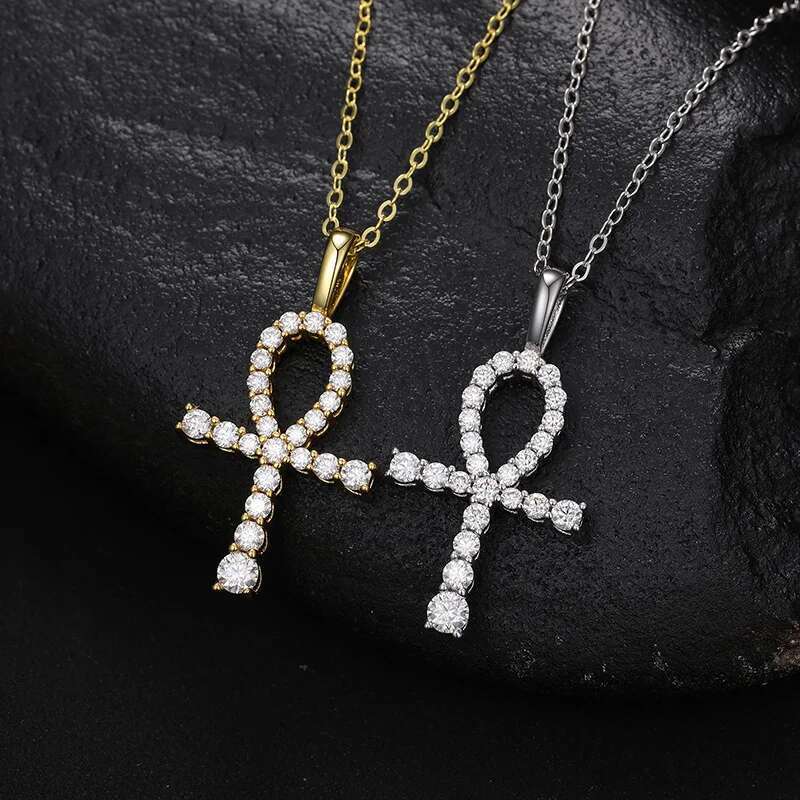 S925 Sterling Silver Moissanite Claw Bling Ice Out Ankh Cross Pendants Necklaces for Men Rapper Jewelry Drop Shipping Gift