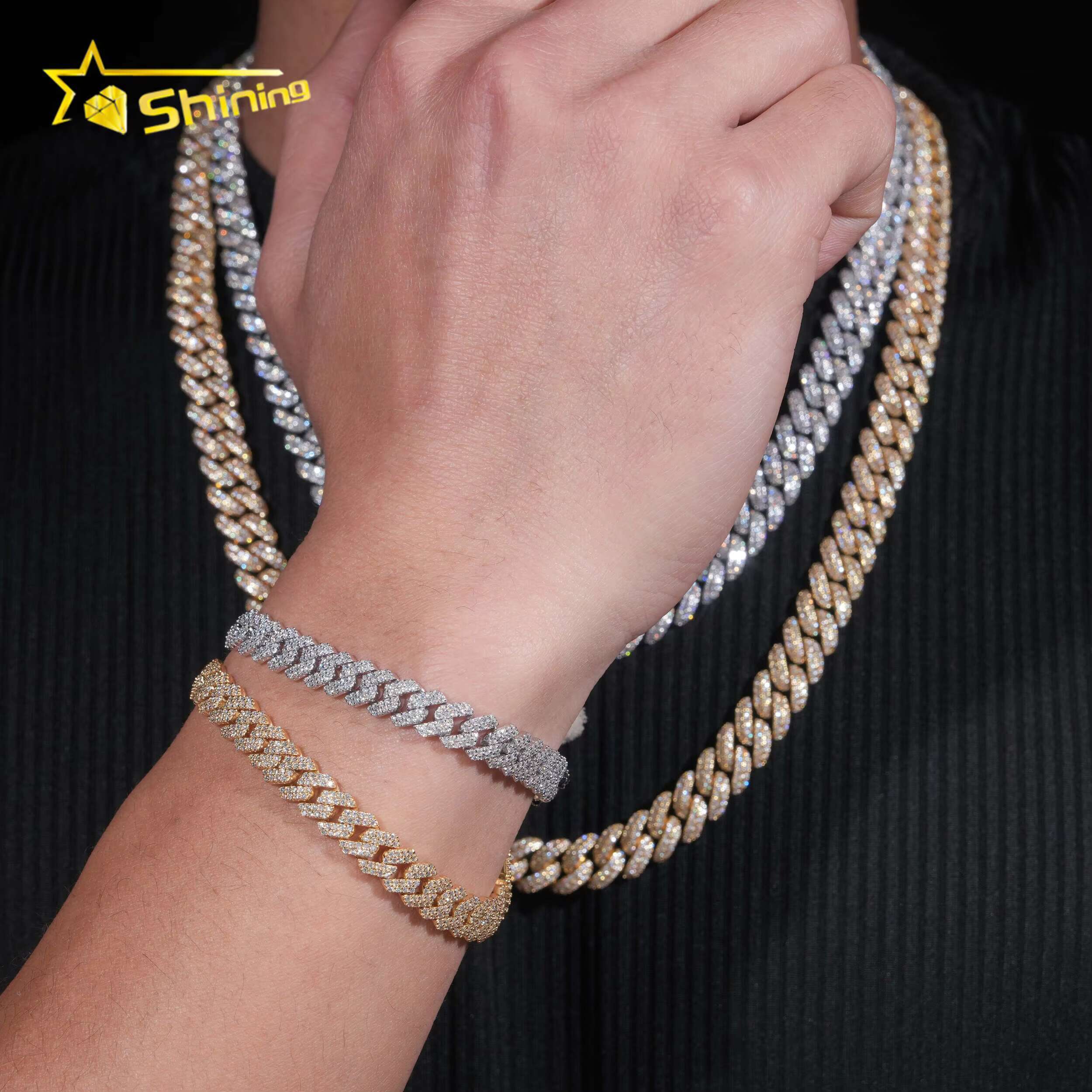 Wholesale Price Hip Hop Men Moissanite Bracelets 925 Sterling Silver 8MM 10MM 2 Rows Iced Out Moissanite Cuban Bracelet