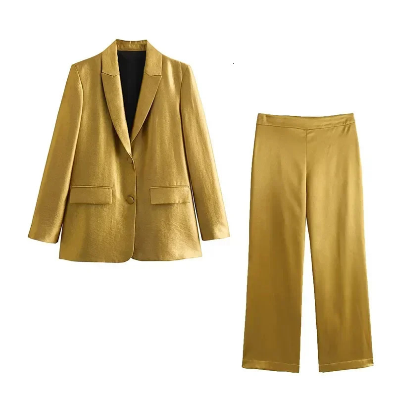 Spring Womens Fashion Set Collar Long Sleeve Golden Casual PioneerHigh Waist Zipper Loose Pants 250326