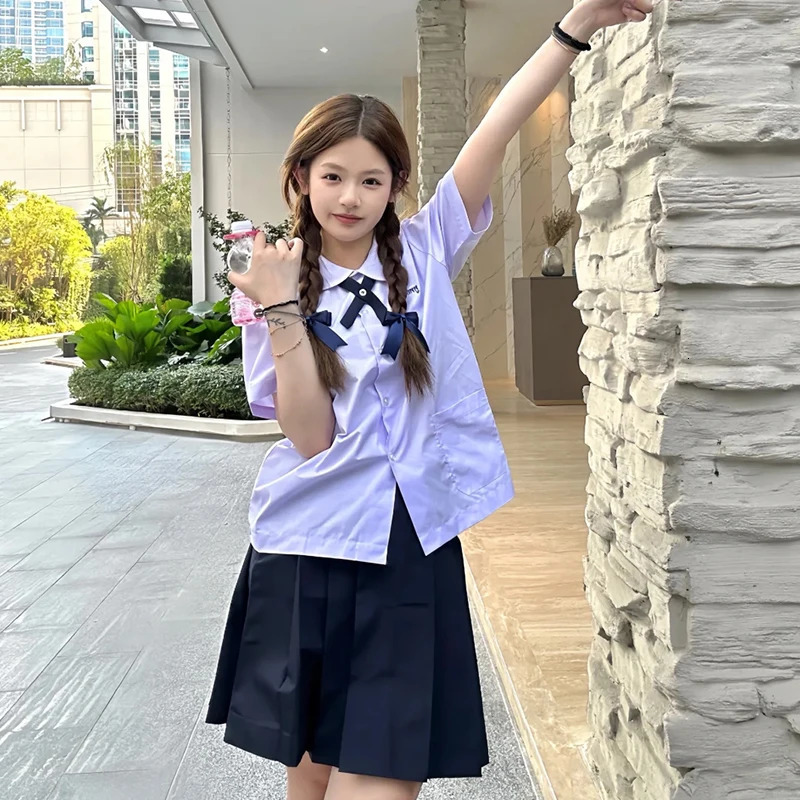 JK MensWomens Uniform Thai Style School Short Sleeve White ShirtLight Purple Shirt Preparatory Folded Ski BeltTie 250326