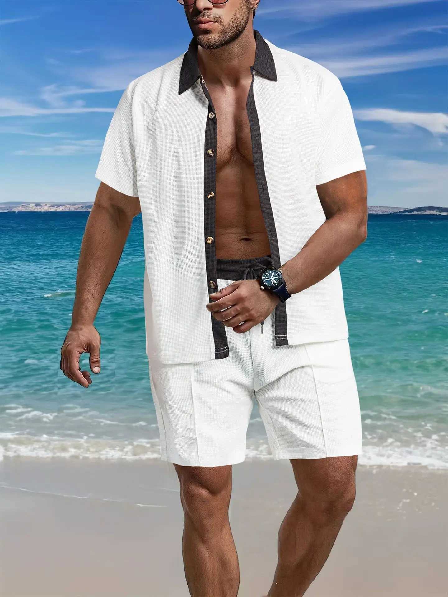 Mens fashion trend casual collar button color shirt short sleeved shorts set summer beach mens sports two-piece setXJ250326