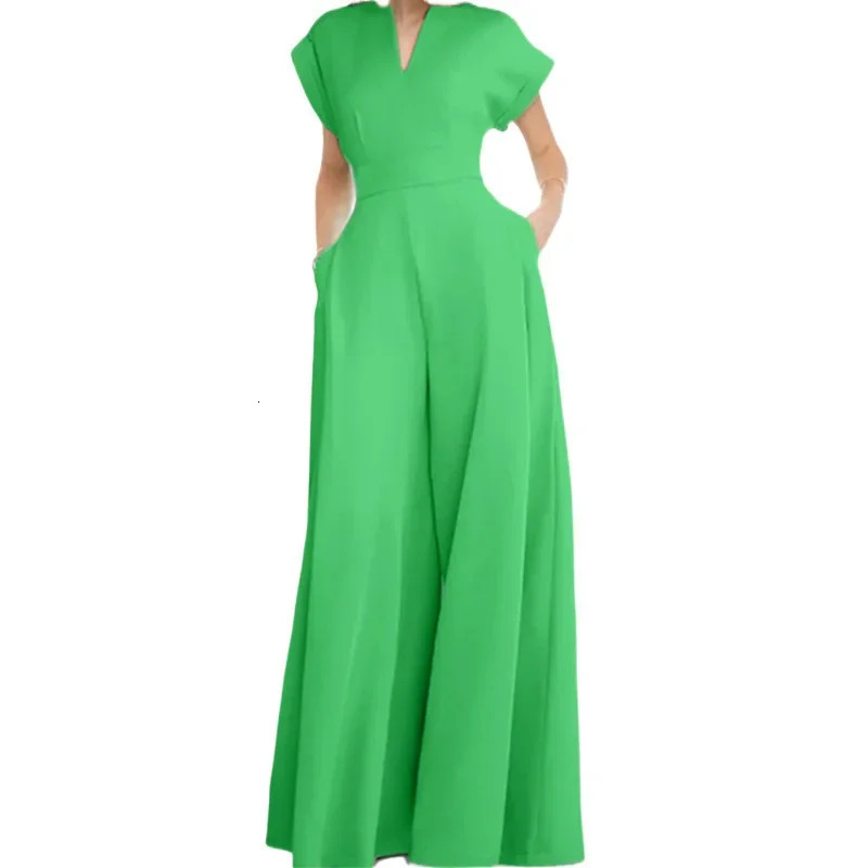 Womens loose fashionable elegant short sleeved collar solid color wide leg jumpsuit casual and comfortable onepiece set 250326