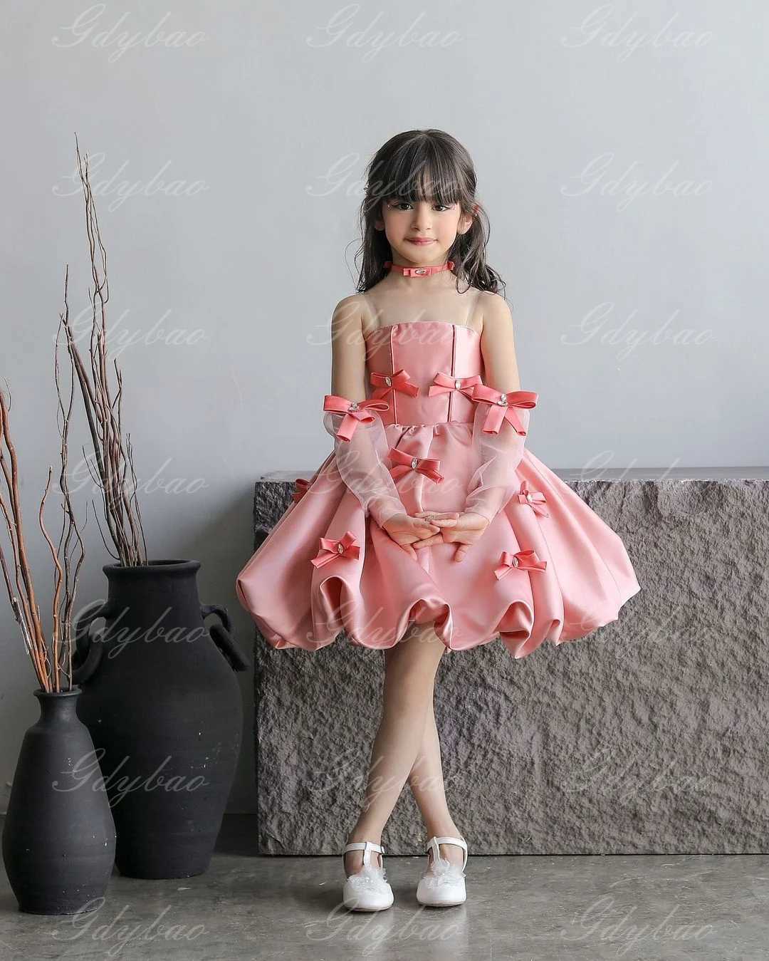 Elegant flower girl wedding dress used for wedding satin bow sleeveless ball dress birthday party first girl social dress W250326