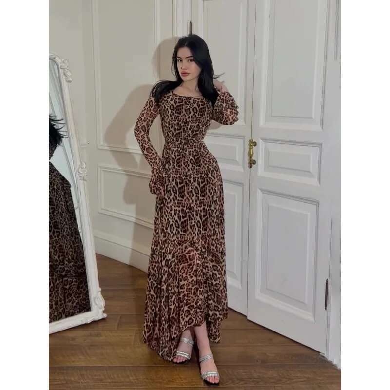 Dongdumaoyi Spring New Chiffon Leopard Print Lotus Leaf Sleeve Temperament Long Stitching Irregular Dress A