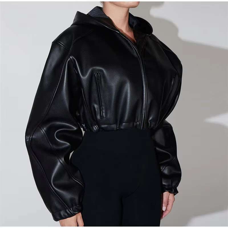 Women's Coat Women's Pu Leather Crop Hoodie Jackets Street Long Sleeve Zipper Black Outerwears Autumn New Fashion Bomber Jacket Coats
