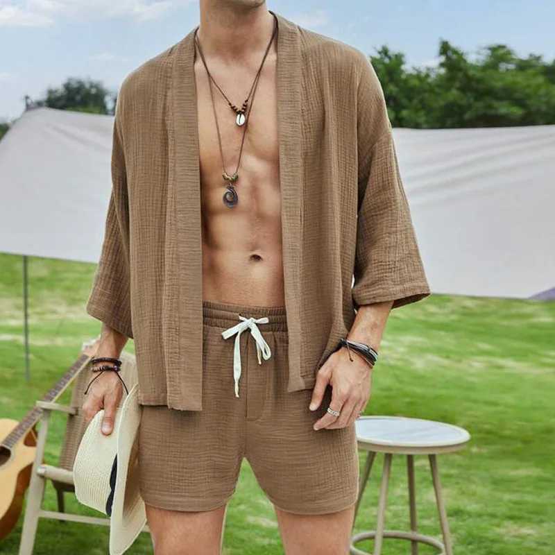 Mens set summer casual loose solid color cardigan wool sweater mens two-piece sports sweaterXJ250326