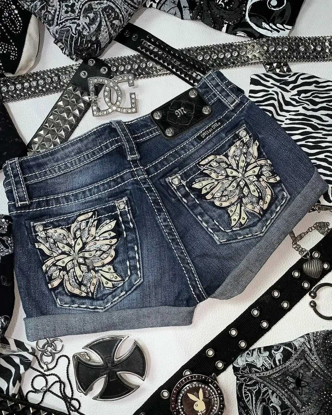 Y2k Shorts Women Harajuku Oversized Pattern Ironing Retro Goth Women Clothing Jean Shorts High Waist Hip Sexy Girl Biker ShortsC250327