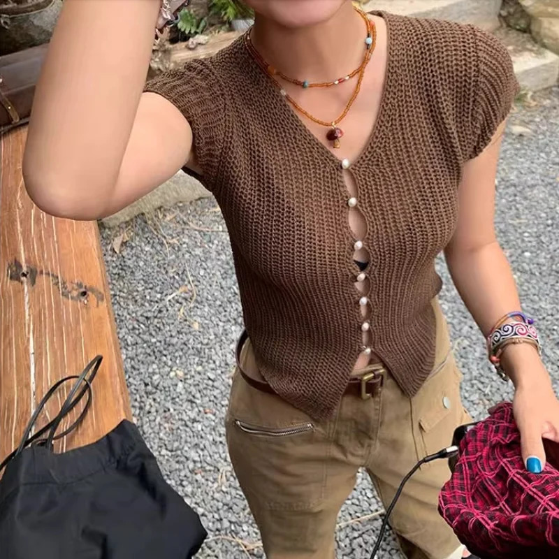 Short sleeved knitted cardigan womens casual top button springsummer Vneck slim crop 250326
