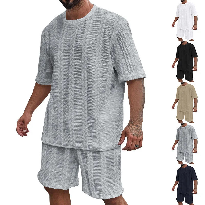 Fashionable summer mens casual 2piece streetwear short sleeved Tshirtshorts Harajuku sportswear knitted clothing 250326
