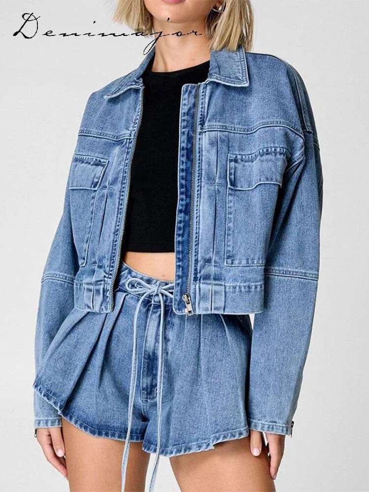 Lace Up Pleated Denim Women Shorts Suits Lapel Zipped Jacket Wide Leg Mini Pants Female Spring Summer New Fashion Lady Sets