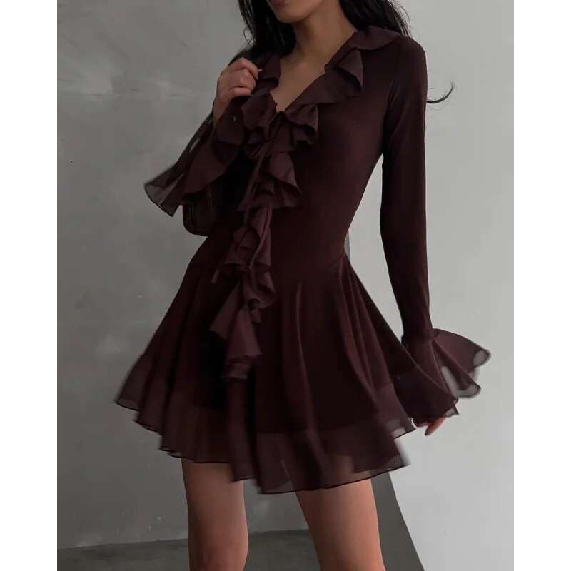 Dongdumaoyi Lente Nieuwe Vrouwen Verfijnde Effen Kleur Diepe V Ruche Trim Flare Mouw Chiffon Korte Jurk C