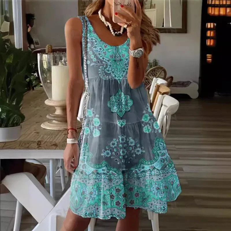 2024 Summer Fashion Printed Sleeveless Vneck Tank Top Womens Holiday Dress 250318
