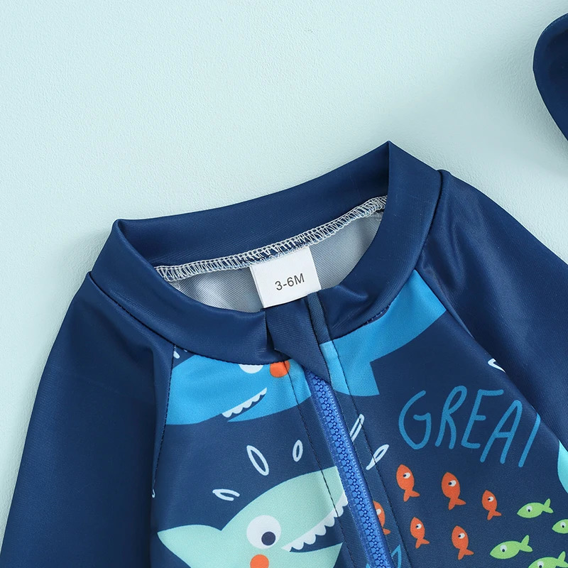 3Pcs Toddler Boys Rash Guard Swimsuits Cute Fish Print Long Sleeve Zip Up Bathing Suit Swimwear Beachwear Summer Clothes 250326
