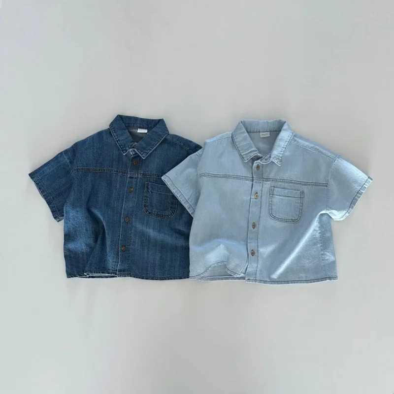 6856 Korean childrens clothing set summer new boy denim set short sleeved+shorts casual girl two-piece setT250327