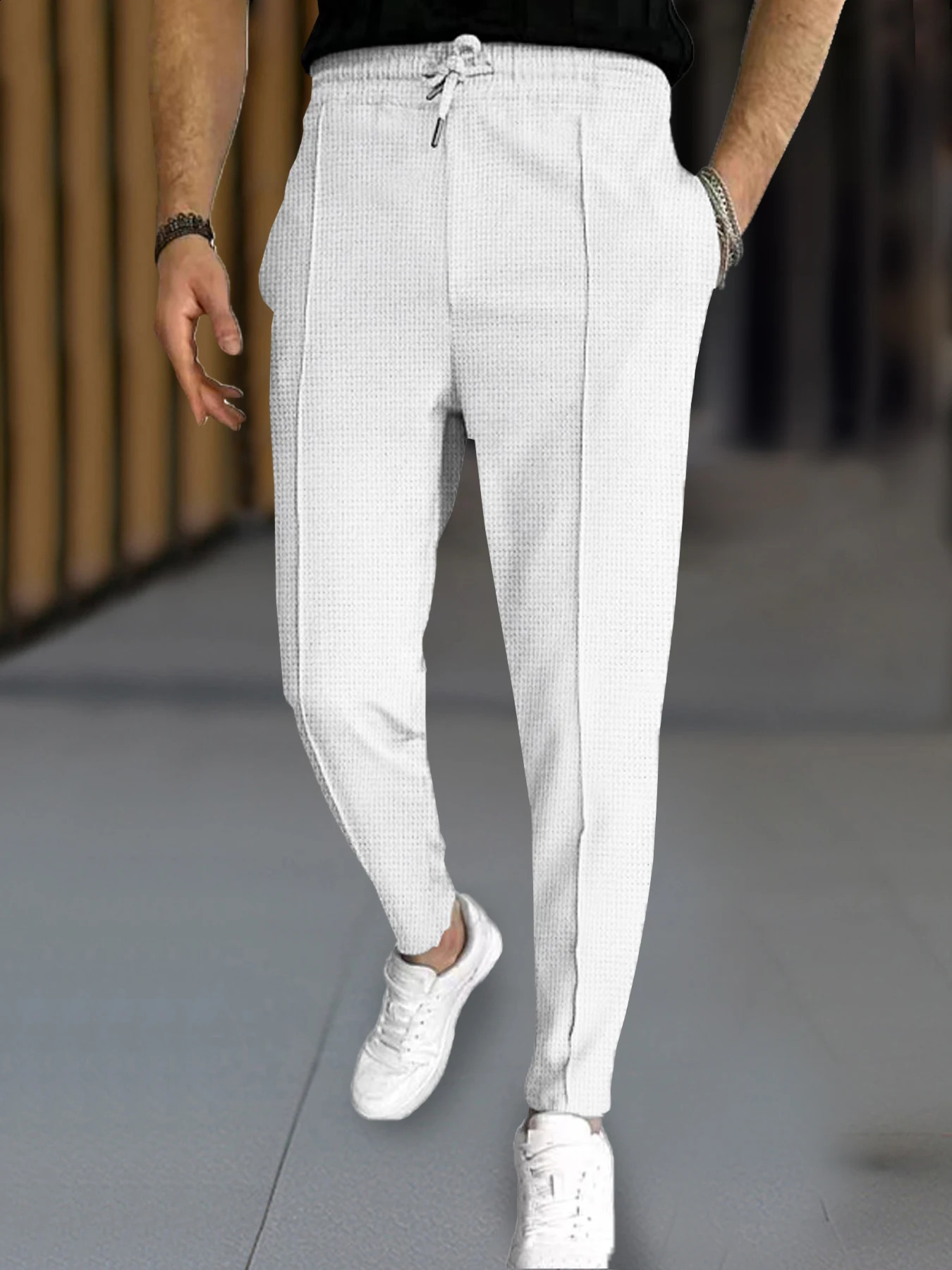 Mens Stylish Waffle Pants - Casual Sports Slim Fit with Adjustable Drawstring Secure Pockets for All Seasons - Perfect Outdoor 250317