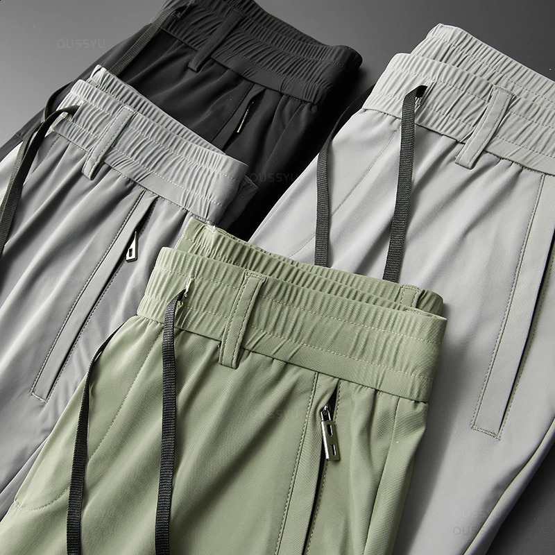 2024 Summer Mens Casual Pants Thin Soft Sports Zip Pocket Korea Grey Black Elasticity Lace-up Waist Jogging Work Trousers Male 250317