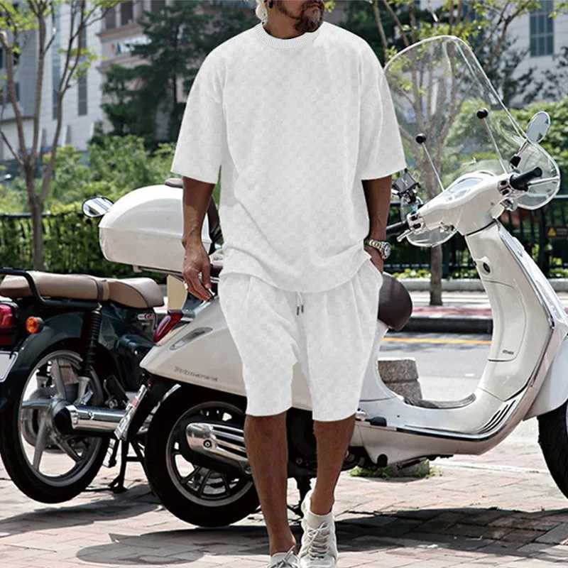 2024 Cross border mens summer plain short sleeved loose large straight casual short sleeved setXJ250326