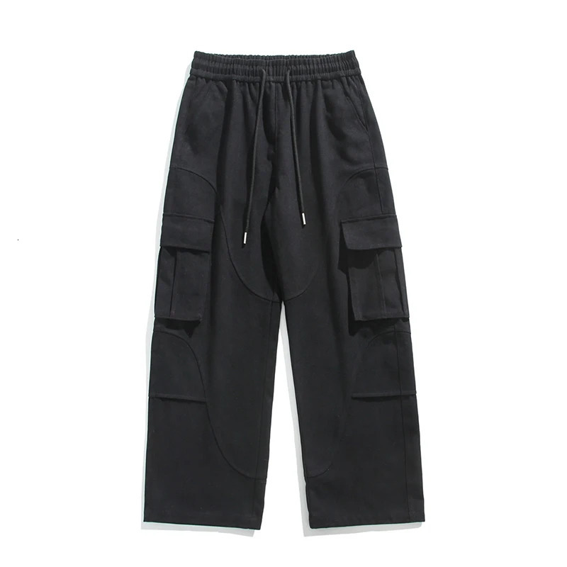 Classic mens loose cargo pants solid color large pocket casual fashionable streetwear retro wide leg 250327