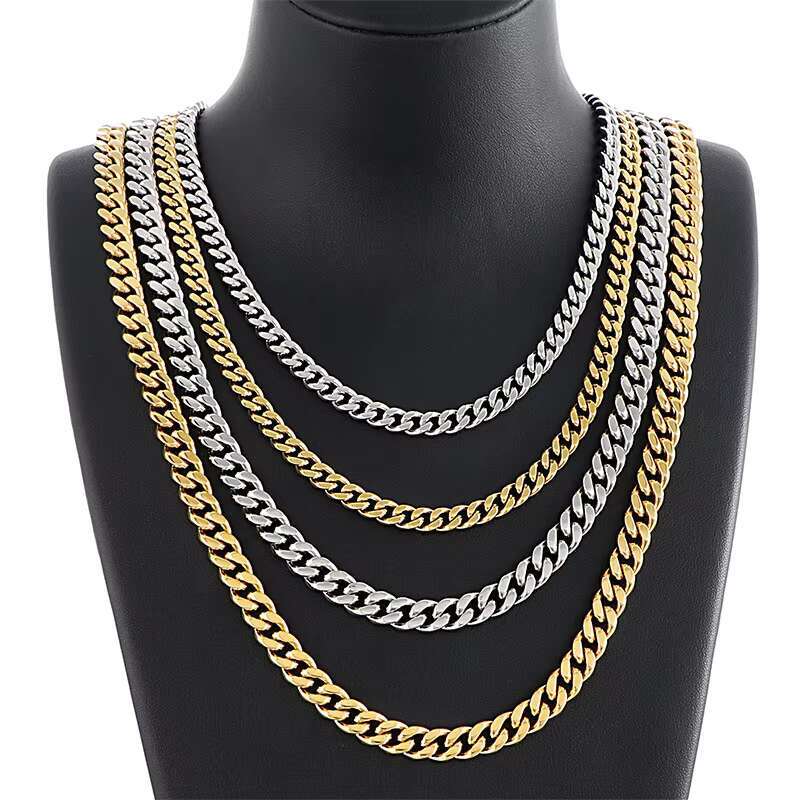 No Fading 18k Gold Plated Hiphop Cuban Link Chain Mens Necklace Bracelet Stainless Steel 3/5/7/9mm Wide Chains for Men
