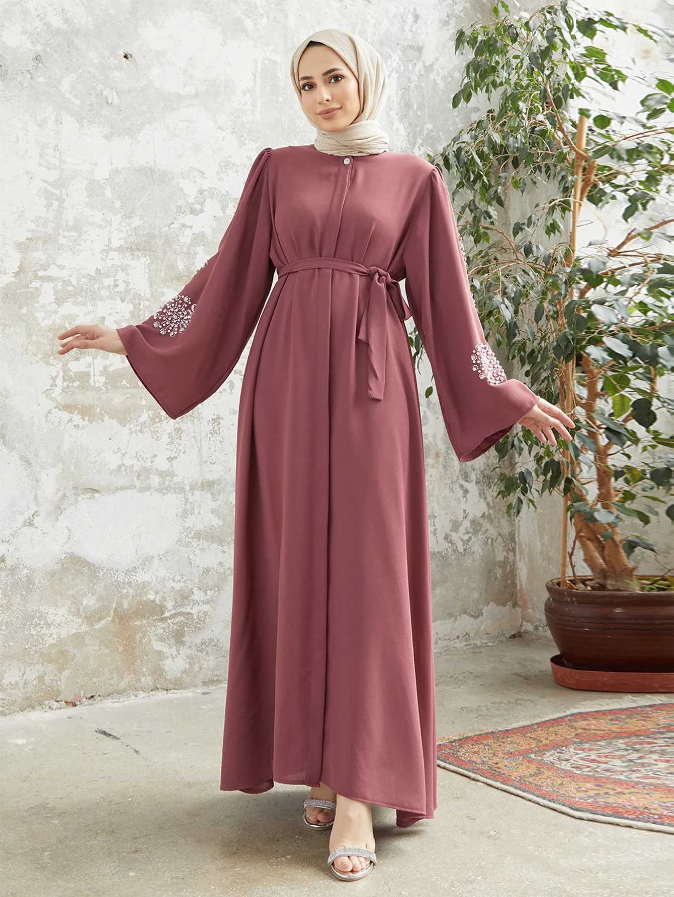 2025 Dubai Women Muslim Abaya Beaded Maxi Dress Turkey Kaftan Modest Eid Ramadan Robe Musulmane Arab Caftan Islamic Clothing Vestido X2505141
