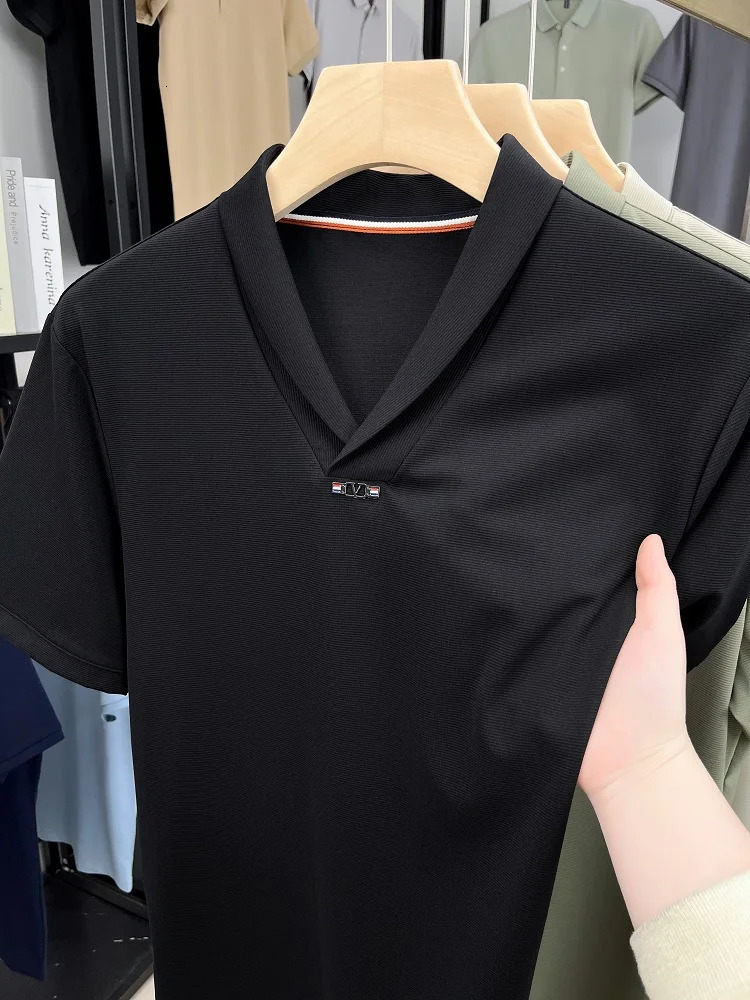 y short sleeved Tshirt mens summer Vletter embossed n trend European casual seagull collar silk polo shirt 250327