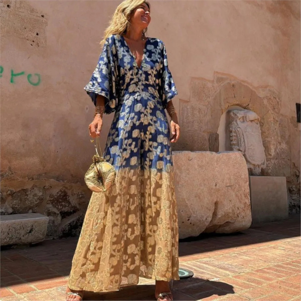 Elegant Printed Splicing Pants Fashion Deep Vneck Bat Sleeve High Waist jumpsuit Womens Casual Holiday Wide Leg 250326