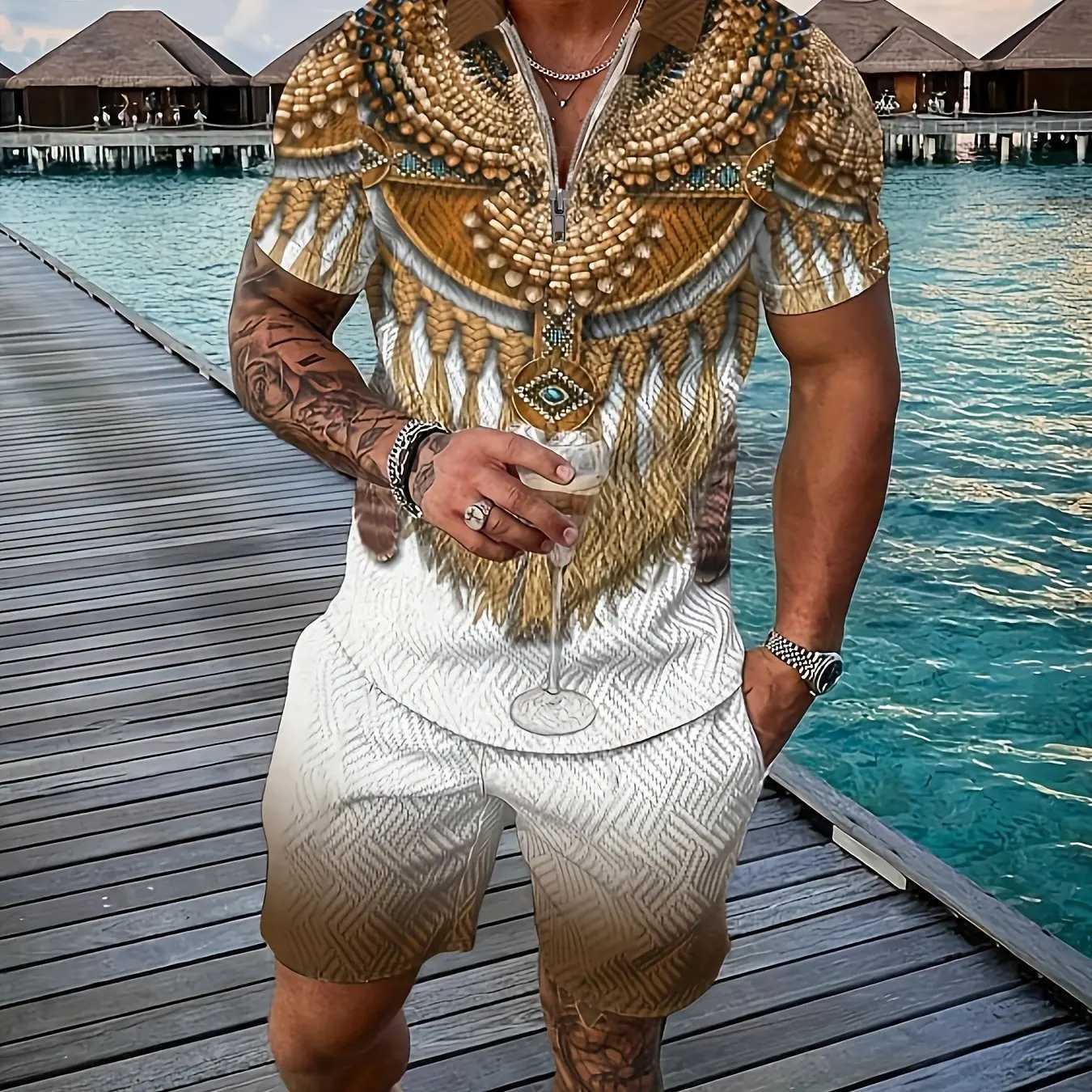 Retro ethnic style totem 3D printed mens sportswear set summer zipper polo shirt+shorts 2-piece set mens clothing track setXJ250326
