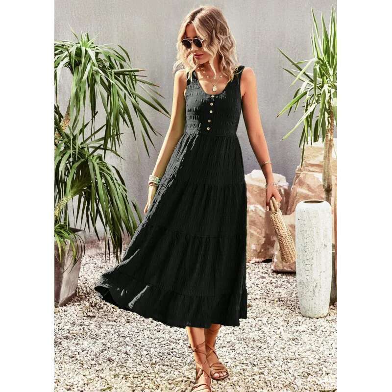 Dongdumaoyi Mouwloze Maxi Jurk Met U Hals Voor Dames Effen Wit Ruches Aan De Zoom Knoopdetail Polyester Lente Zomer Vrijetijdskleding Wd