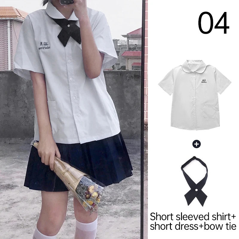 JK MensWomens Uniform Thai Style School Short Sleeve White ShirtLight Purple Shirt Preparatory Folded Ski BeltTie 250326