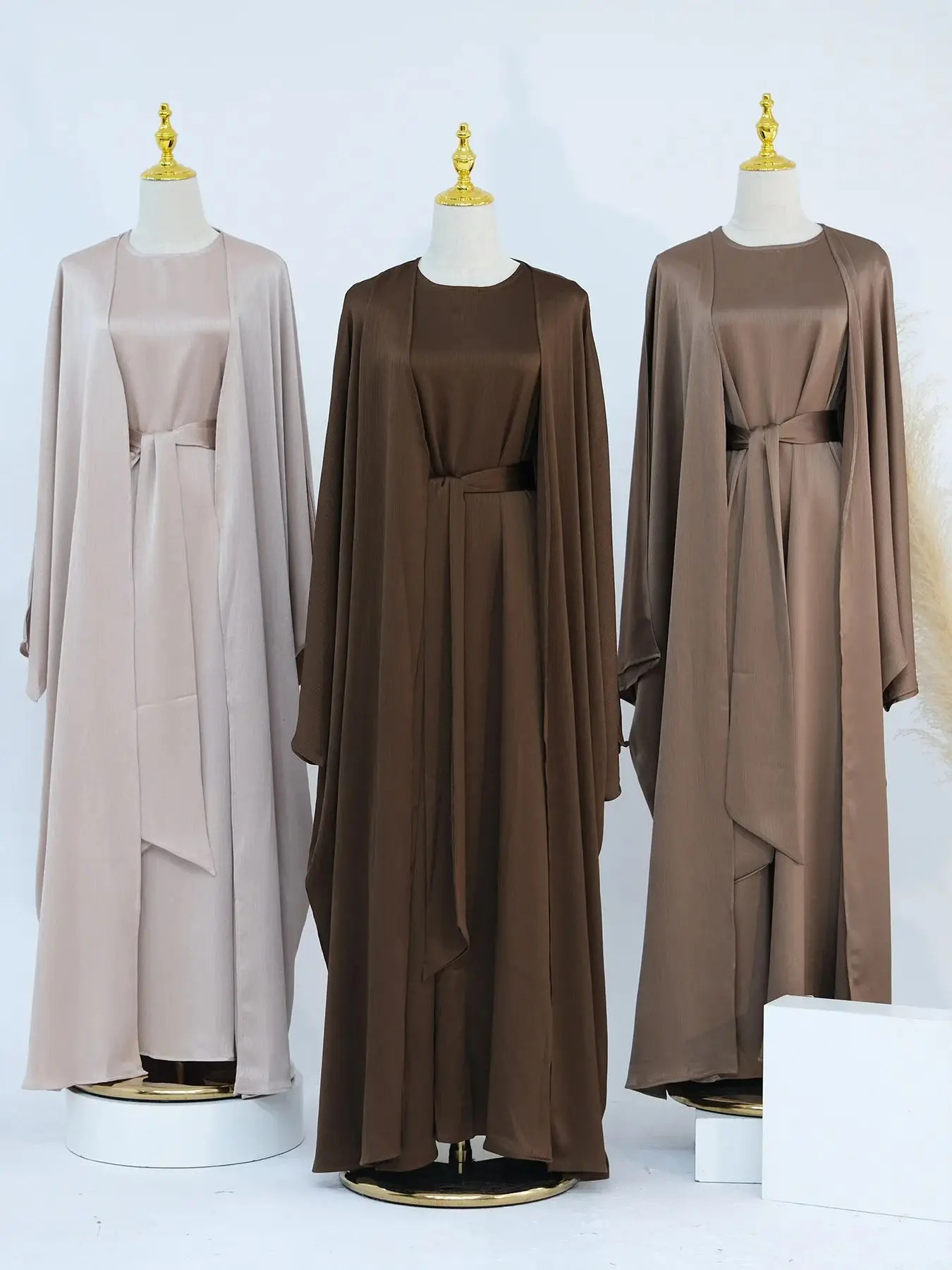 Ramadan Dubai satin plain weave 2piece Abaya set prayer clothing women humble Muslim Caftan Marocain robe Musulmane Kaftan 250326