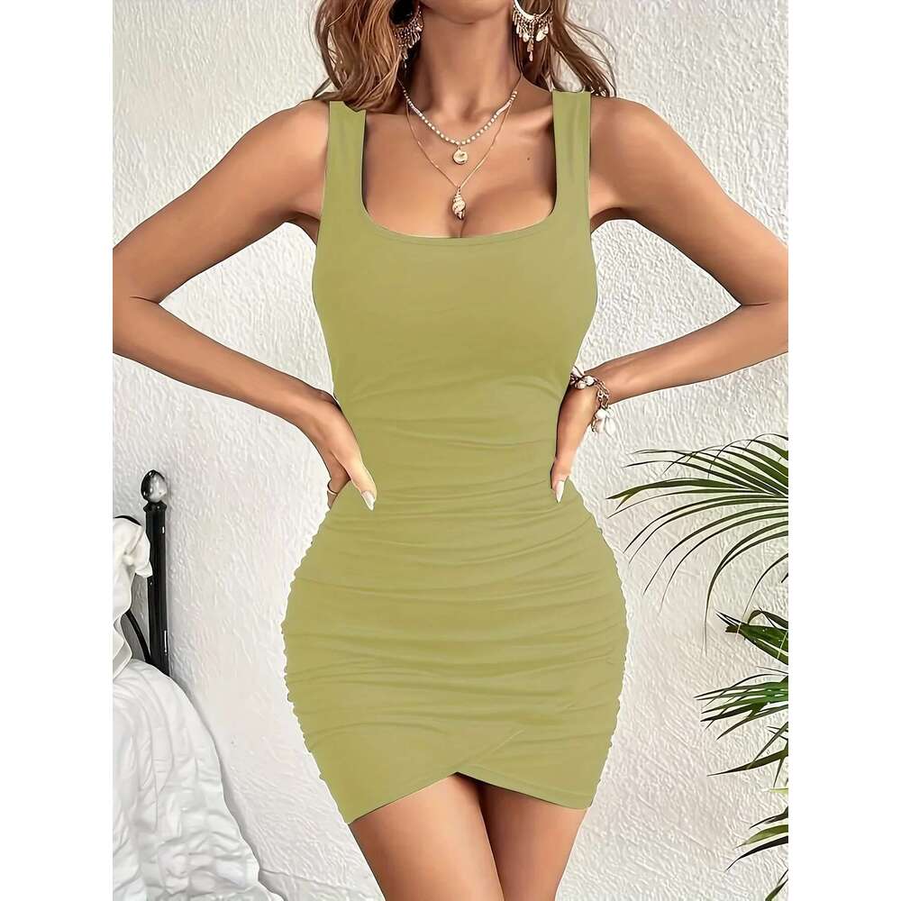 Tulip Ruffled Solid Color Side Hem Tight Sleeveless Square Neck Party Dress, Women's Clothing Dress,