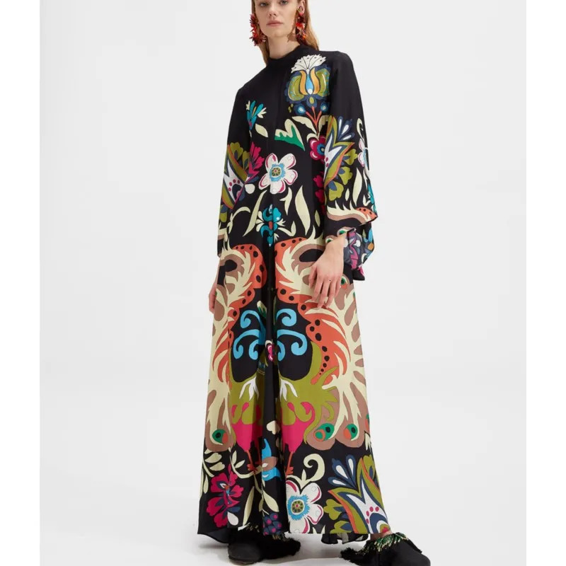 Stand Collar Elegant Lady Printing Dress Casual High Waist Long Sleeve Party Dress Women Spring Summer Loose Streetwear Dress 250326