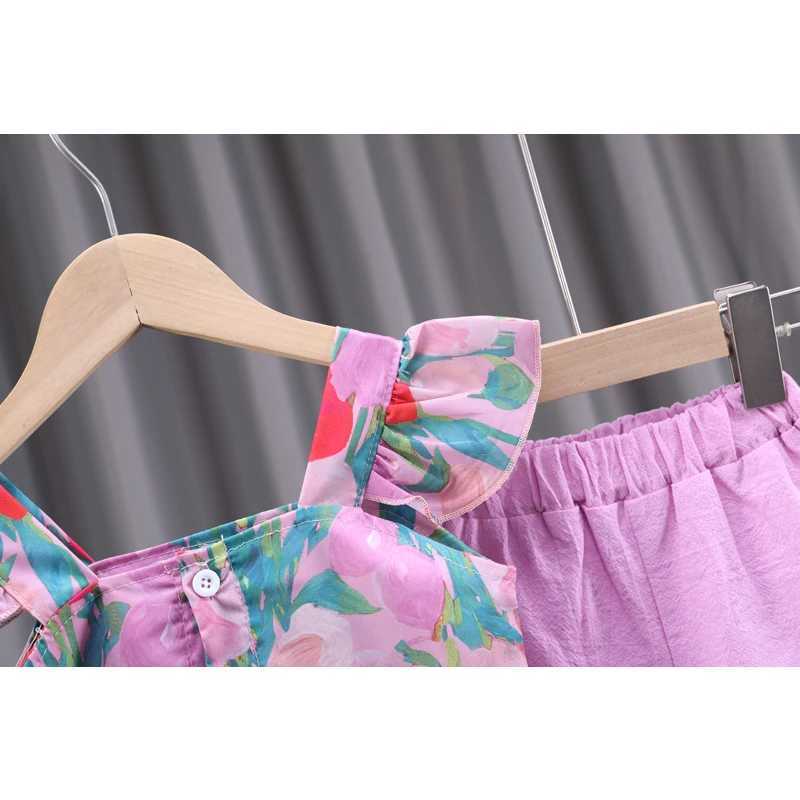 Baby girl summer pleated sleeveless top floral shorts two-piece setT250327