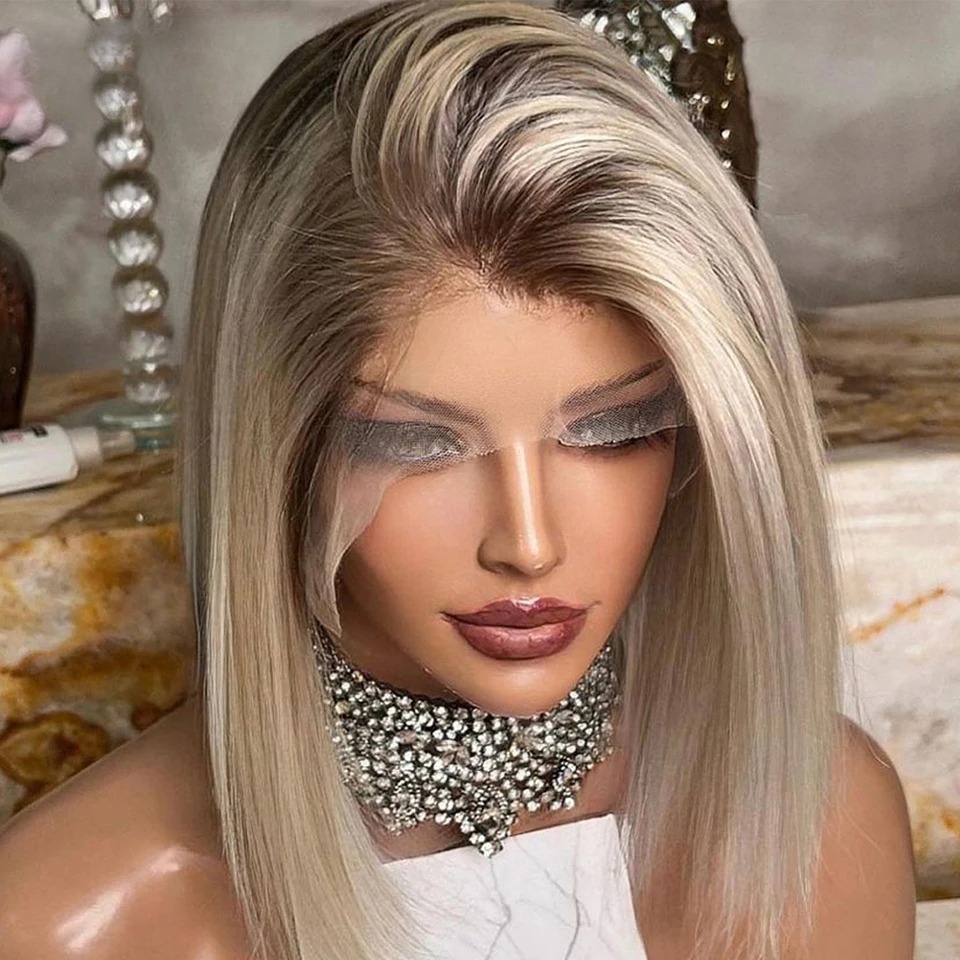 Free shipping Brazilian Glueless Ash Blonde Human Hair Spring 6T613 Balayage Short Bob Wig Preplucked HD Transparent 13x4 Lace Front Wigs for Women