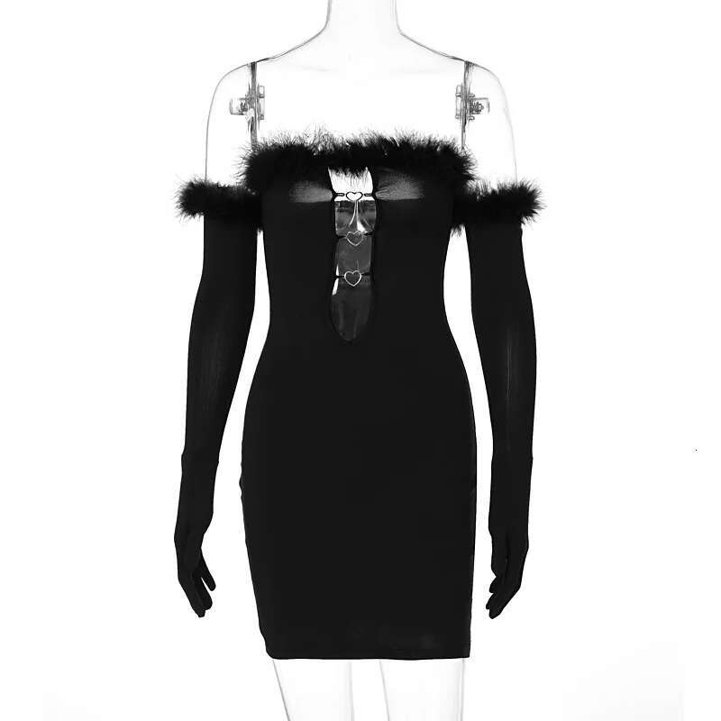 Dongdumaoyi Lente One Shoulder Uitgeholde Handschoen Met Lange Mouwen Harige Bustierjurk C