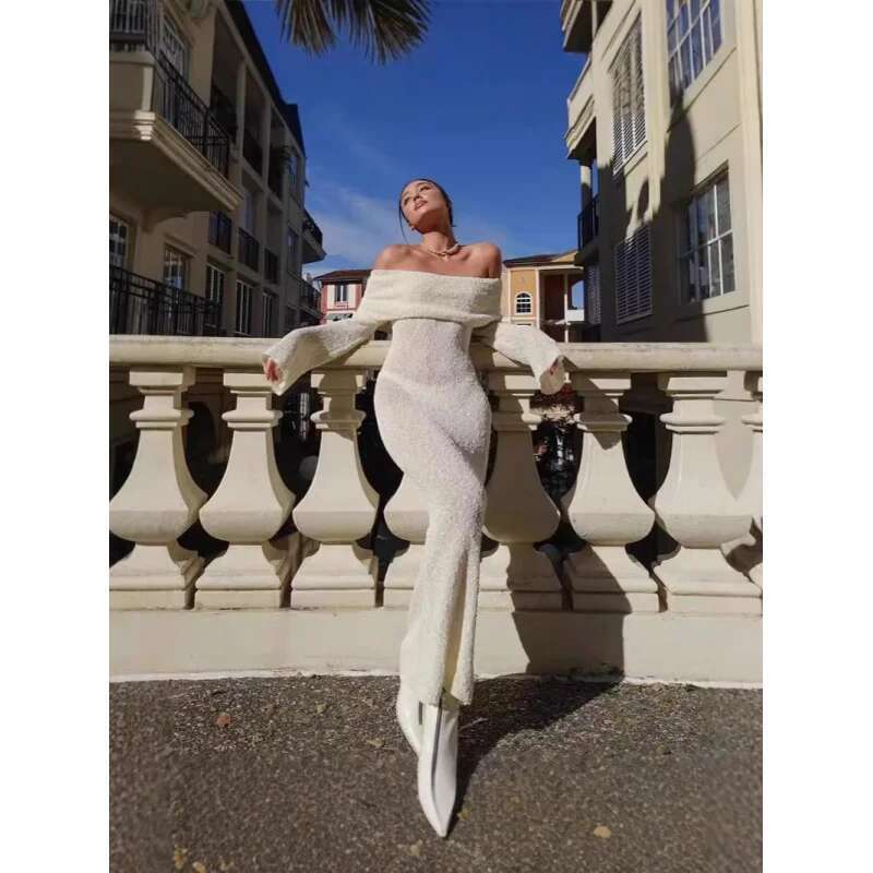 Dongdumaoyi Zomer Nieuwe Dames Off Shoulder Gebreide Jurk Slanke Effen Kleur Lange C