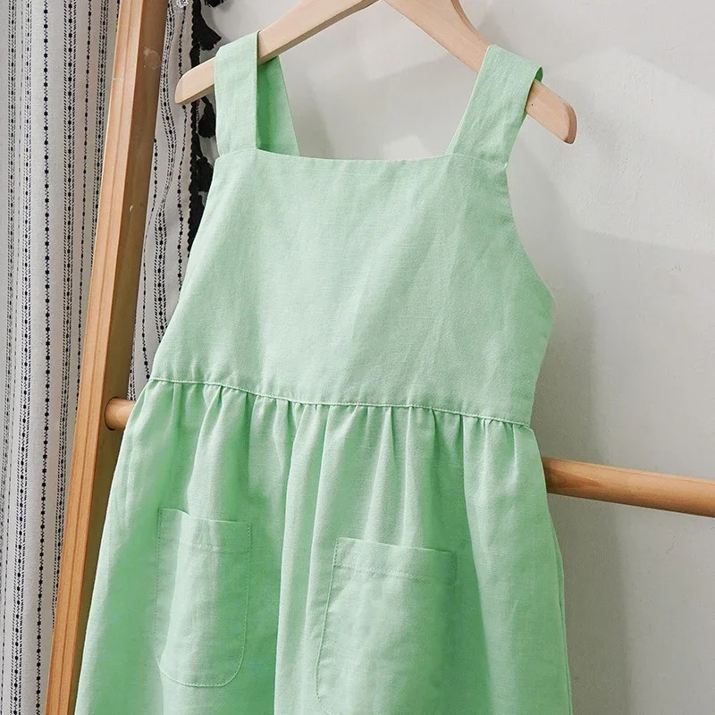 Girls Cotton And Linen Sleeveless Suspender Dress With Adjustable Shoulder Straps Summer Casual Pocket Kids Dresses TZ77 250326
