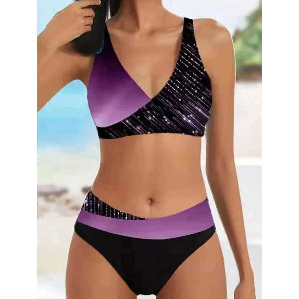Bikini V Neck Set 2025 Women Stripe Print Patchwork Swimwear Summer Beachwear Swimsuit Female Bathers Bathing Swimming Suit 2XL