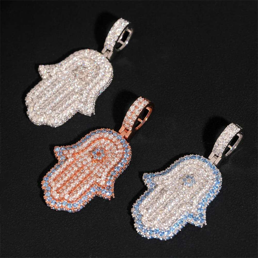 Hip Hop Rock Bling 5a Cubic Zirconia Hamsa Hand Pendant 925 Sterling Silver Fine Jewelry Women Men Fatima Necklaces Rope Chain